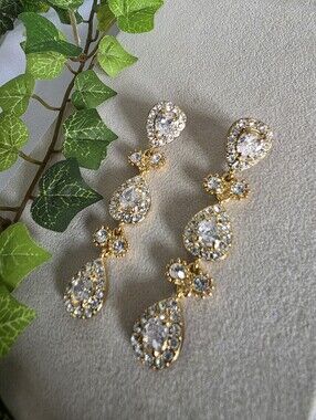 ​Gold Teardrop Rhinestone Dangle Earrings | Bridal Pageant Formal Statement
